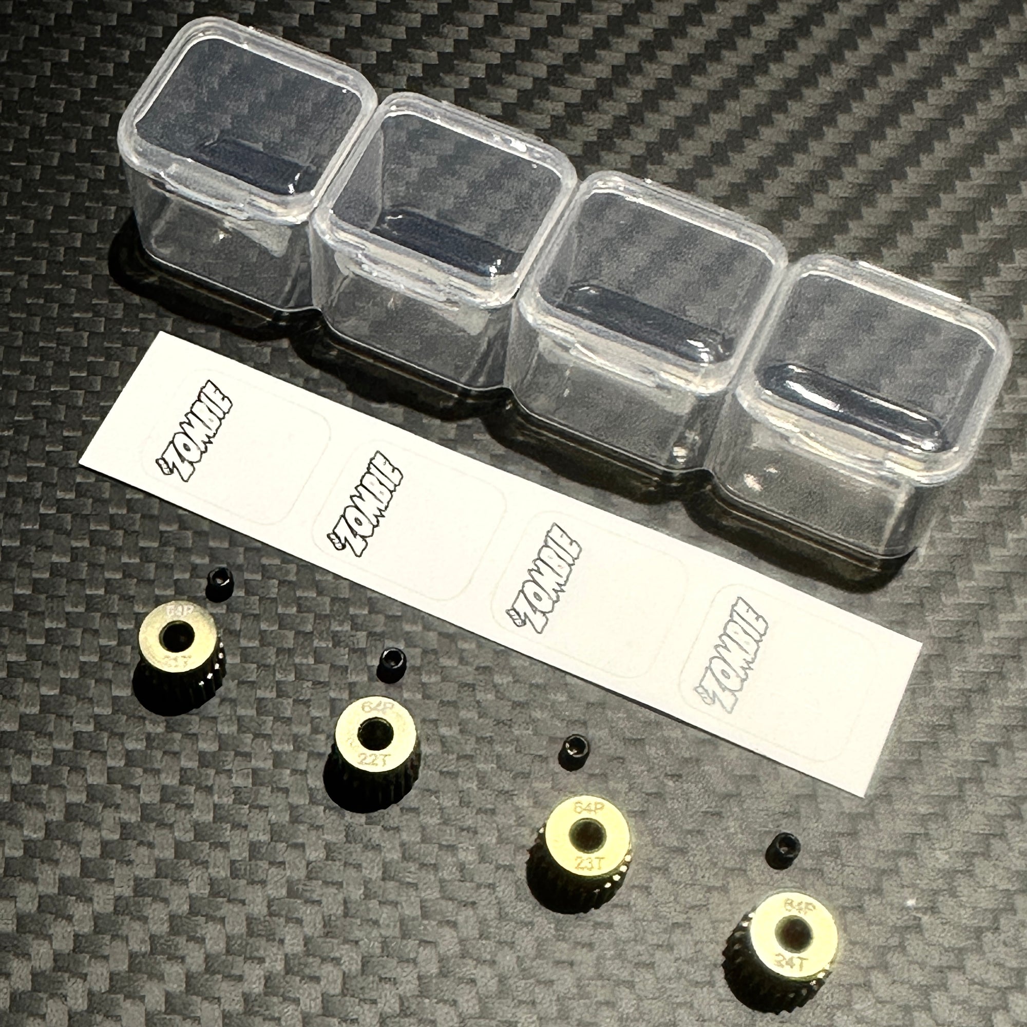 Team Zombie Hard-anodized Aluminum Pinion Gear 64pitch set of 4 with case & writing label