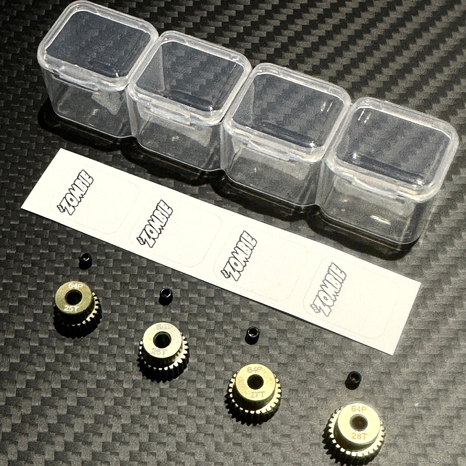 Team Zombie Hard-anodized Aluminum Pinion Gear 64pitch set of 4 with case & writing label