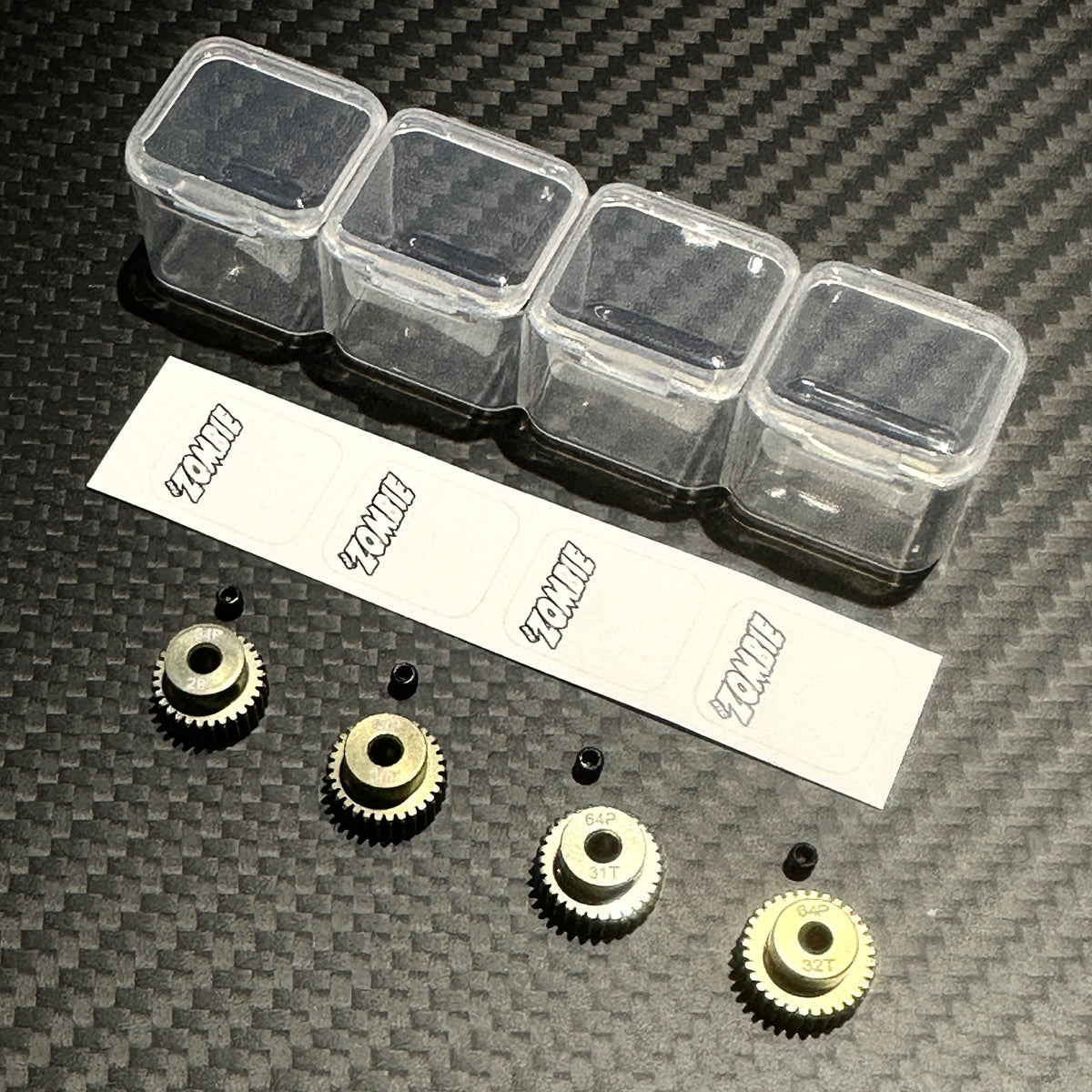 Team Zombie Hard-anodized Aluminum Pinion Gear 64pitch set of 4 with case &amp; writing label