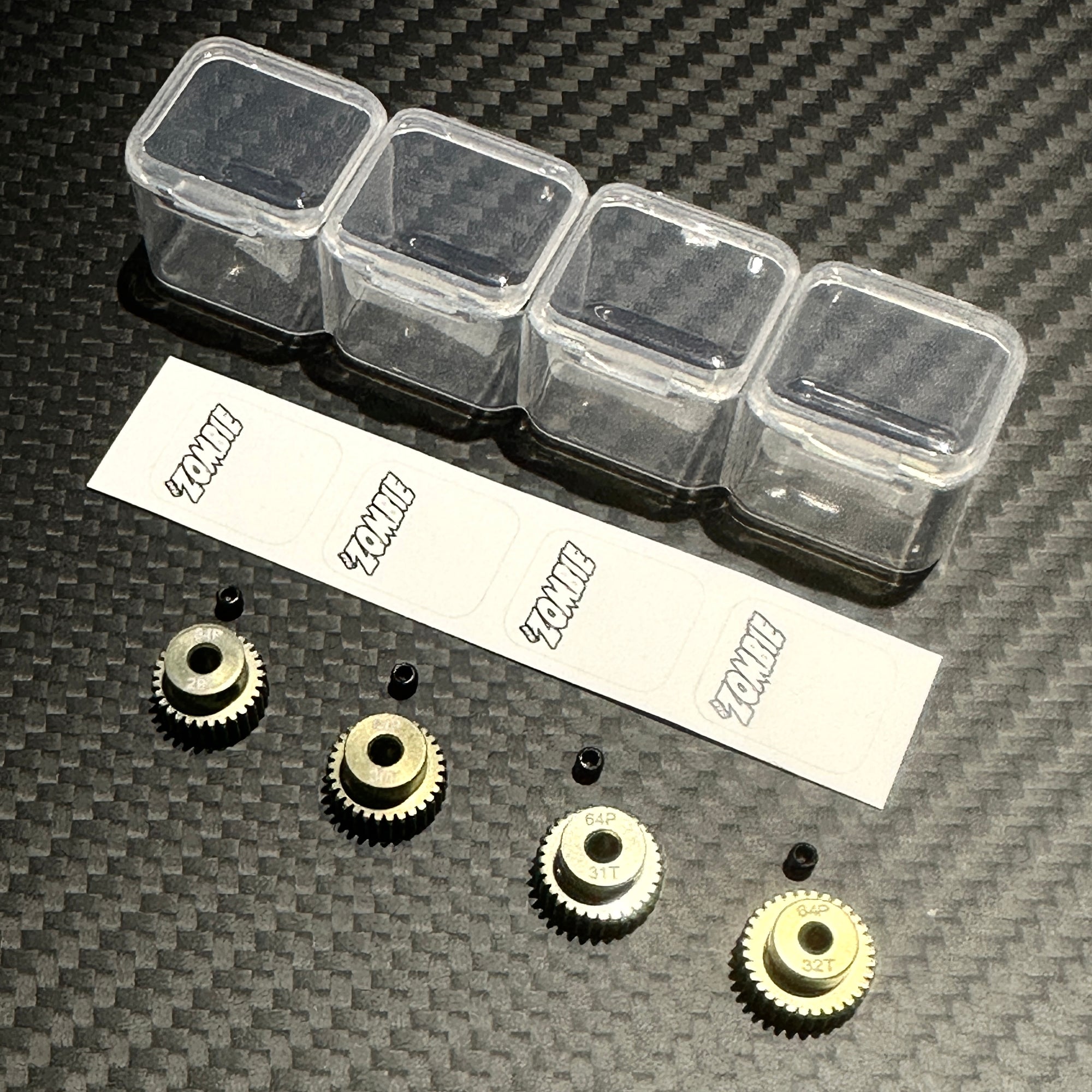 Team Zombie Hard-anodized Aluminum Pinion Gear 64pitch set of 4 with case & writing label
