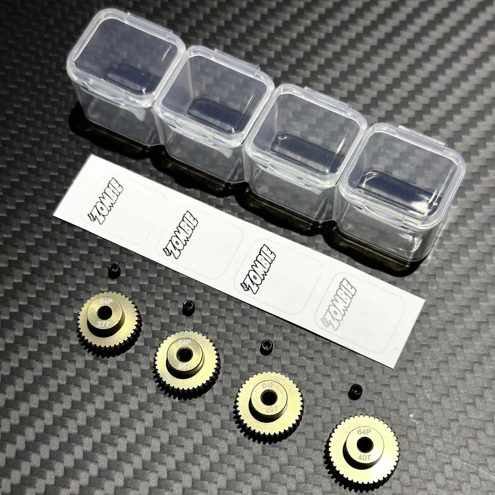 Team Zombie Hard-anodized Aluminum Pinion Gear 64pitch set of 4 with case & writing label