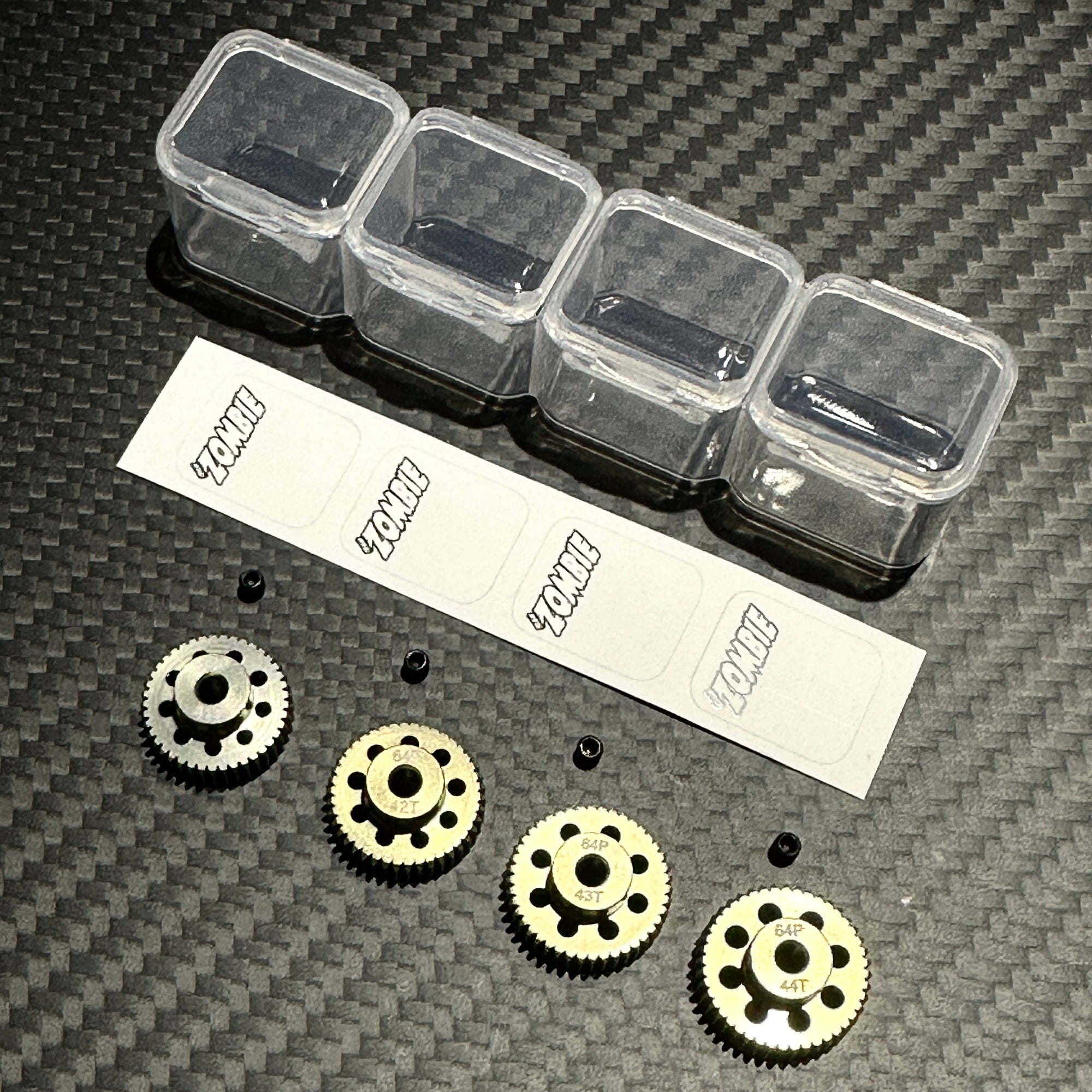 Team Zombie Hard-anodized Aluminum Pinion Gear 64pitch set of 4 with case & writing label