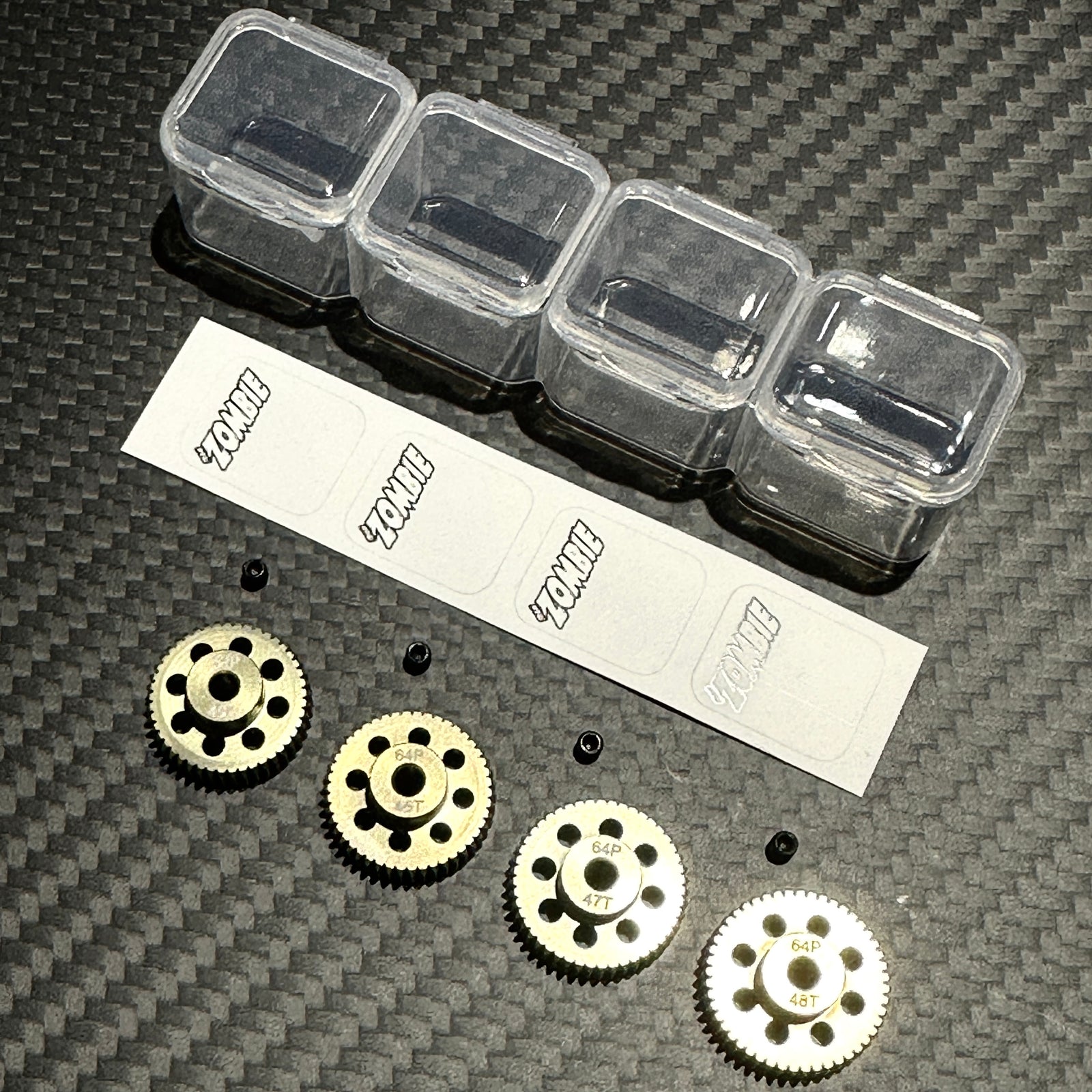 Team Zombie Hard-anodized Aluminum Pinion Gear 64pitch set of 4 with case & writing label