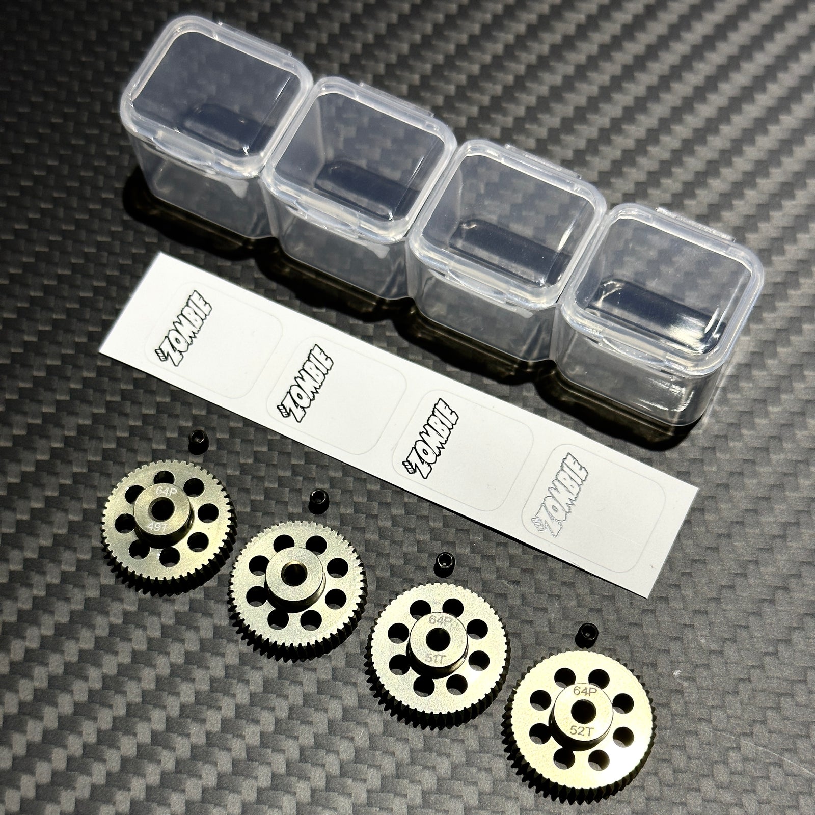 Team Zombie Hard-anodized Aluminum Pinion Gear 64pitch set of 4 with case & writing label