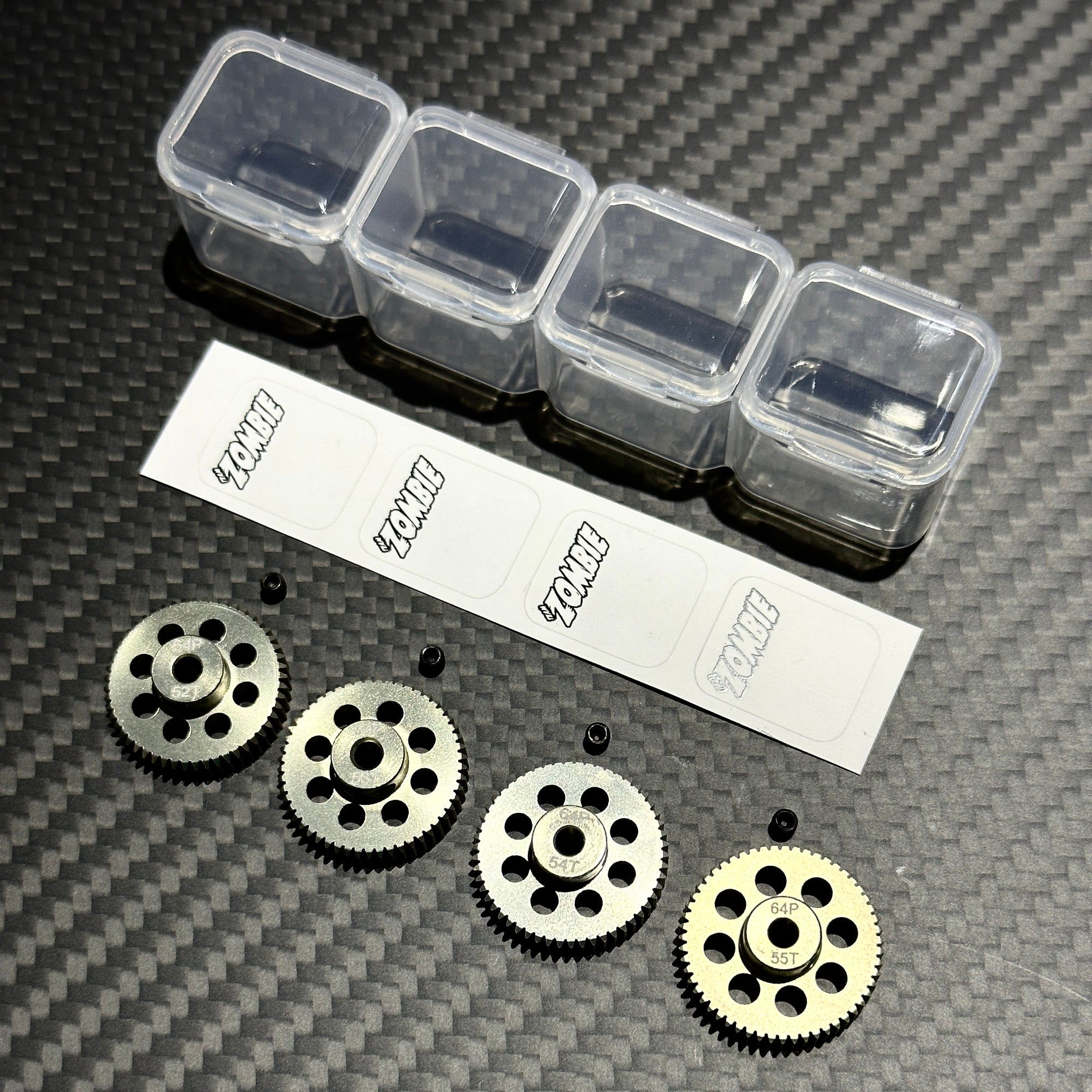 Team Zombie Hard-anodized Aluminum Pinion Gear 64pitch set of 4 with case & writing label