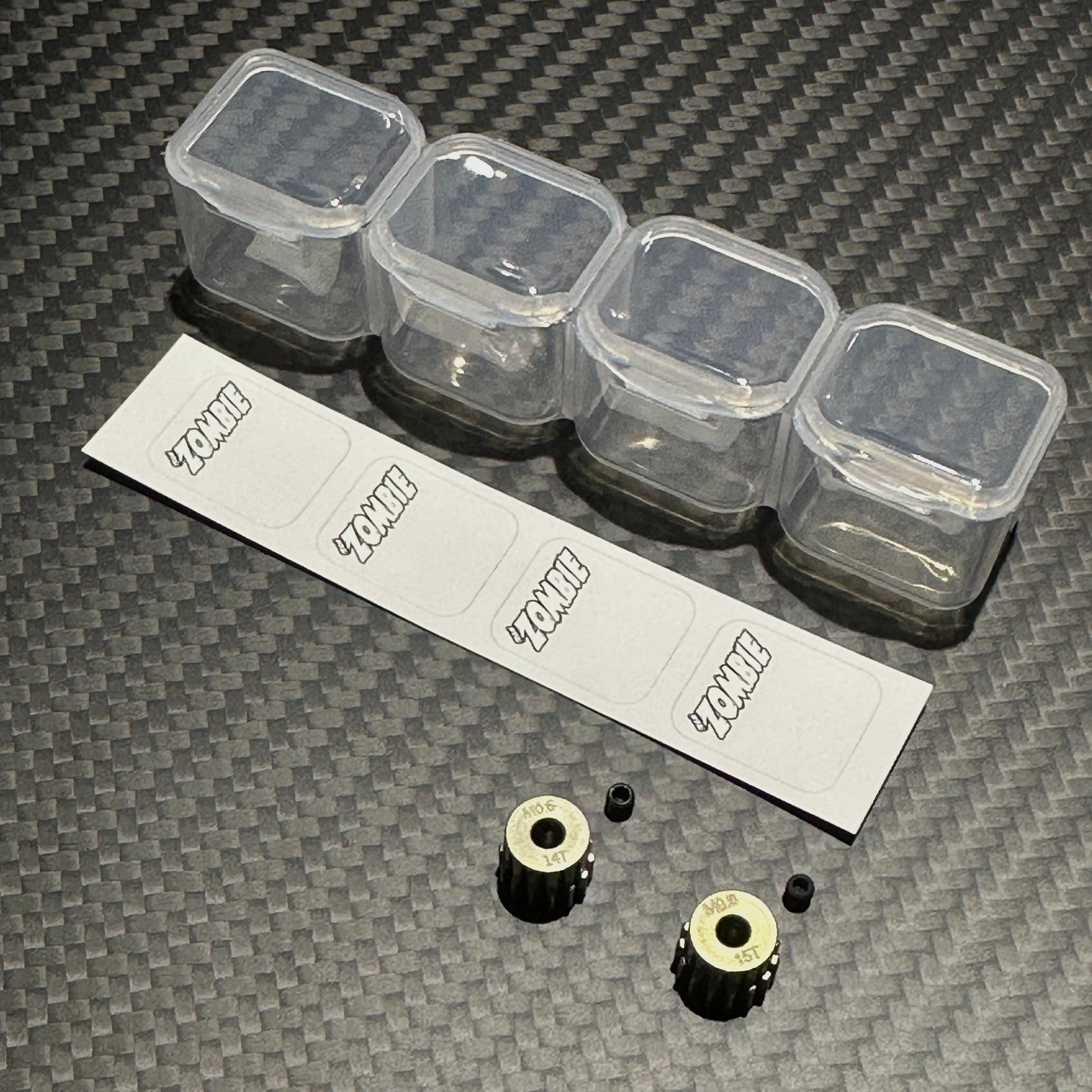 Team Zombie Hard-anodized Aluminum Pinion AV Tamiya Gear 06 pitch set of 2 with case & writing label