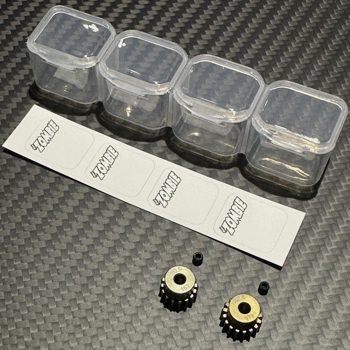 Team Zombie Hard-anodized Aluminum Pinion AV Tamiya Gear 06 pitch set of 2 with case &amp; writing label
