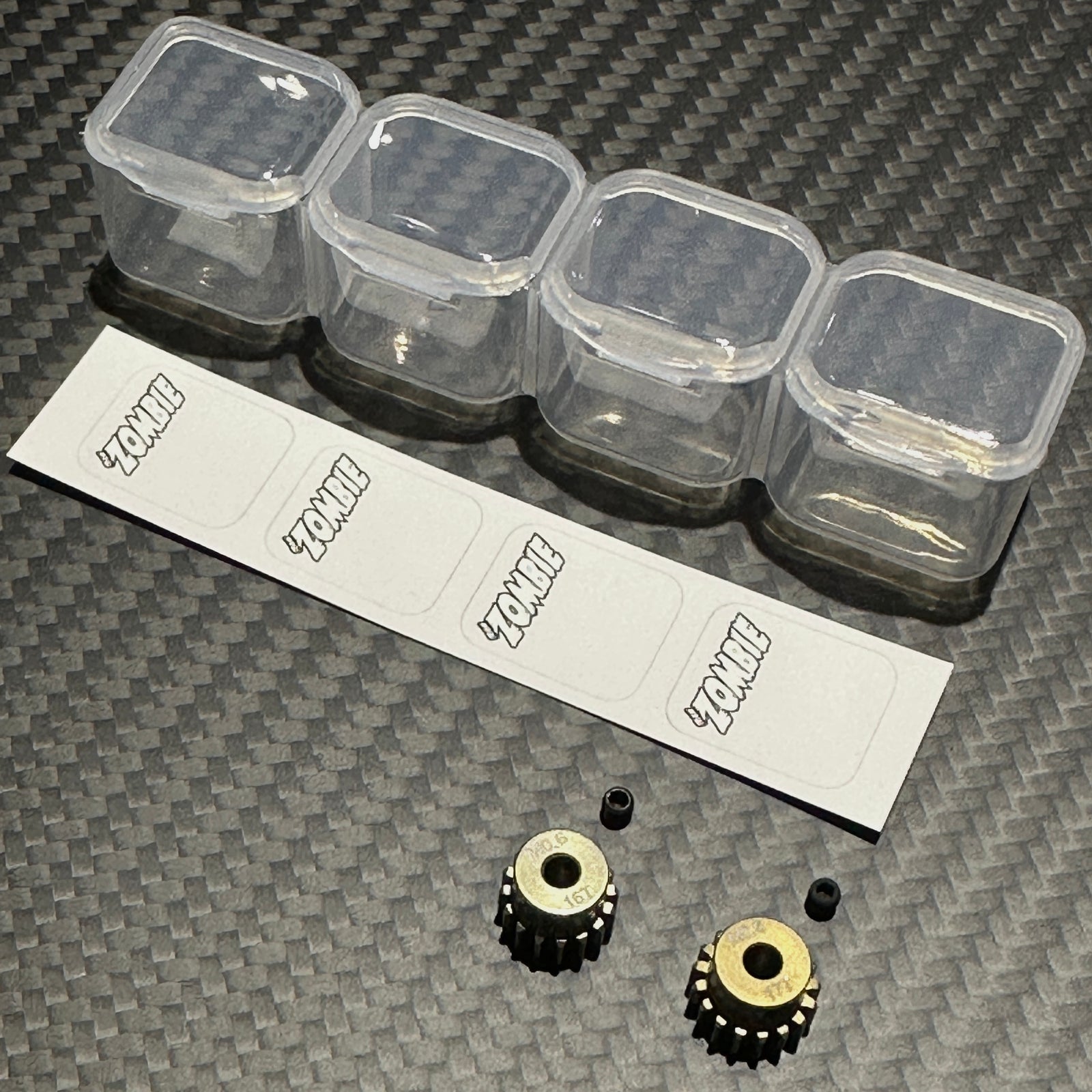 Team Zombie Hard-anodized Aluminum Pinion AV Tamiya Gear 06 pitch set of 2 with case & writing label