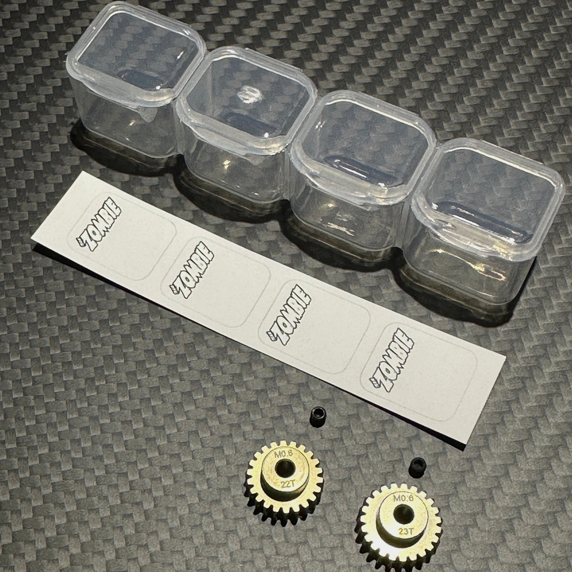 Team Zombie Hard-anodized Aluminum Pinion AV Tamiya Gear 06 pitch set of 2 with case & writing label