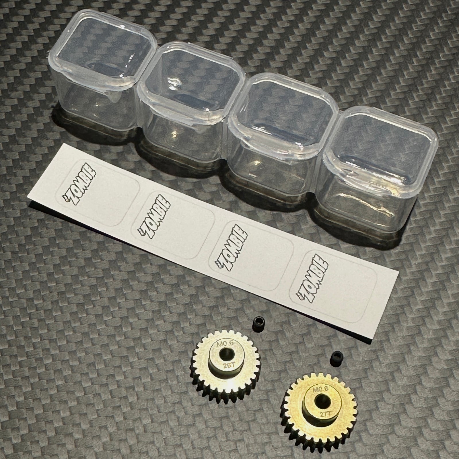 Team Zombie Hard-anodized Aluminum Pinion AV Tamiya Gear 06 pitch set of 2 with case & writing label