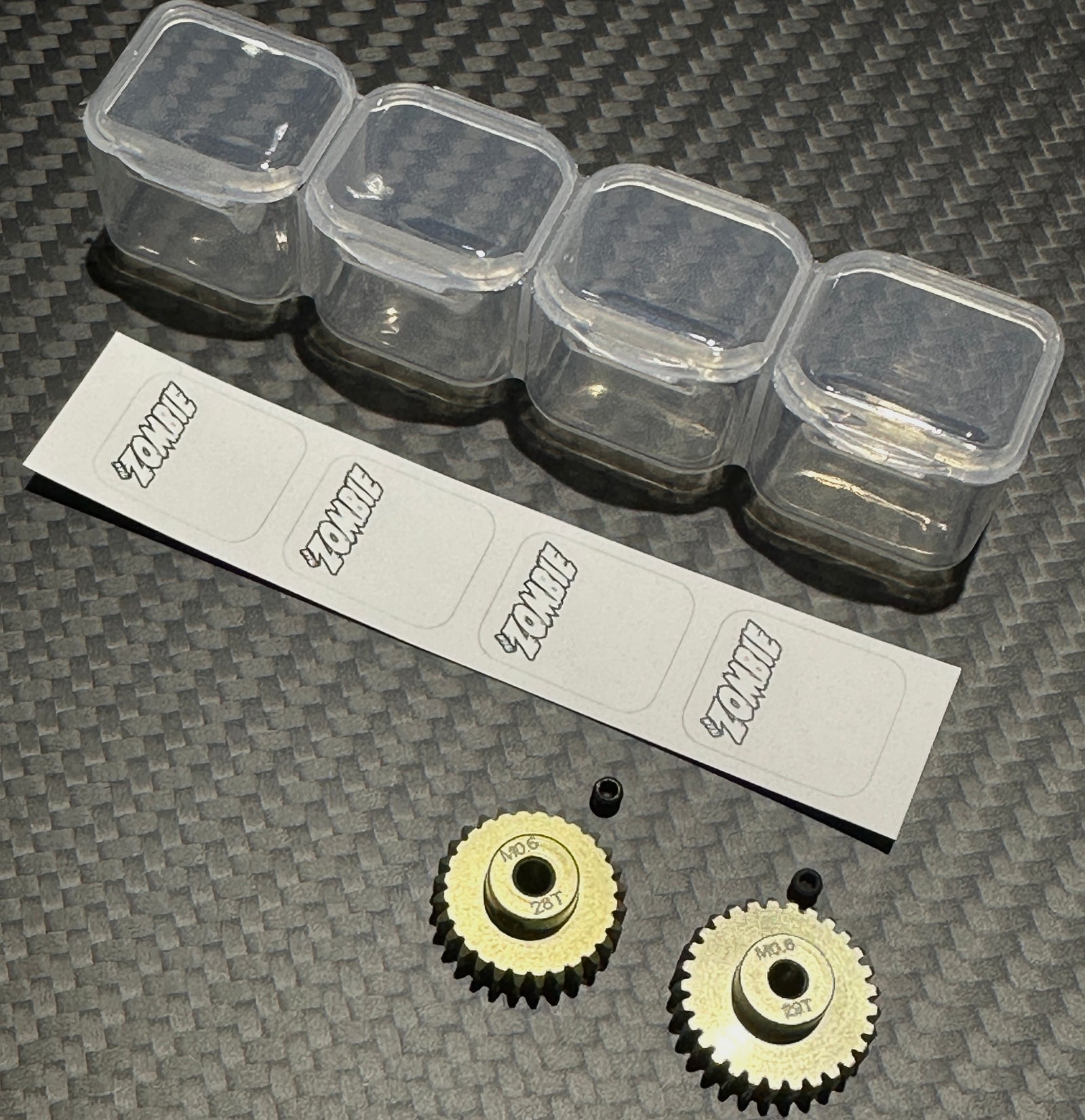 Team Zombie Hard-anodized Aluminum Pinion AV Tamiya Gear 06 pitch set of 2 with case & writing label